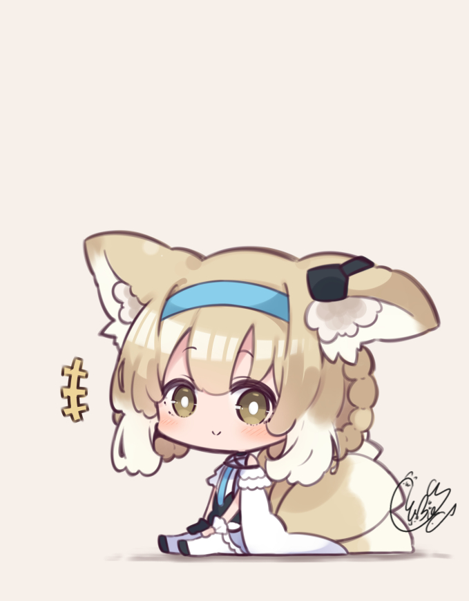 +++ 1girl animal_ear_fluff animal_ears arknights bangs bare_shoulders beni_shake black_footwear black_gloves blonde_hair blue_hairband blush braid brown_eyes chibi closed_mouth commentary_request fox_ears fox_girl fox_tail gloves grey_background hair_between_eyes hair_rings hairband looking_at_viewer multicolored_hair pantyhose purple_skirt shadow shirt shoes signature simple_background single_glove sitting skirt smile solo suzuran_(arknights) tail twin_braids two-tone_hair white_hair white_pantyhose white_shirt