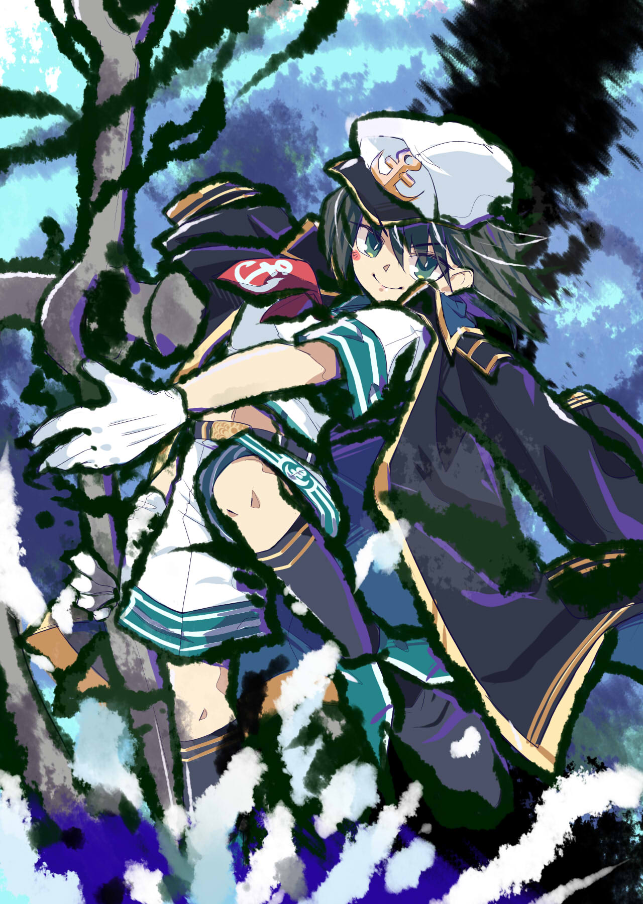 1girl anchor anchor_symbol black_coat black_hair black_socks coat coat_on_shoulders fufuyomumusu gloves gold_trim green_eyes hat highres holding holding_anchor looking_at_viewer midriff murasa_minamitsu necktie red_necktie sailor_hat shirt short_hair short_sleeves shorts smile socks solo touhou water white_gloves white_shirt white_shorts