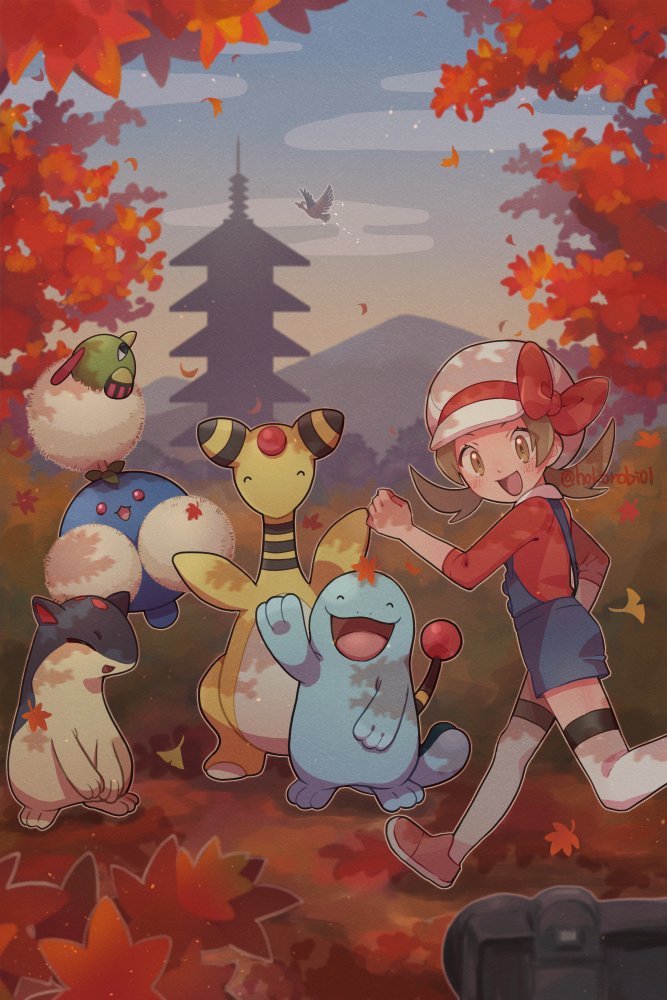 1girl ampharos artist_name autumn autumn_leaves bell_tower_(pokemon) blue_overalls bow brown_eyes brown_hair cabbie_hat camera closed_eyes ecruteak_city hat hat_bow ho-oh jumpluff long_hair lyra_(pokemon) mountain natu open_mouth outdoors overalls pokemon pokemon_(game) pokemon_hgss quagsire quilava red_bow red_footwear red_shirt running s_(happycolor_329) shirt shoes sky thigh-highs twintails white_headwear