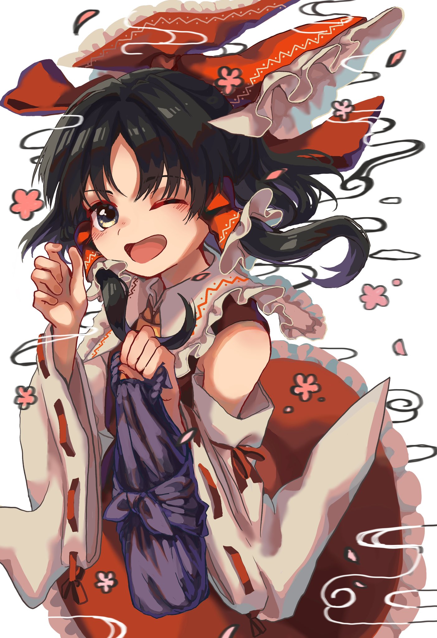 1girl ascot bag bangs black_eyes black_hair bow commentary_request cowboy_shot detached_sleeves flower frilled_bow frilled_hair_tubes frilled_shirt_collar frilled_skirt frills hair_bow hair_tubes hakurei_reimu hands_up highres holding holding_bag long_hair looking_at_viewer matsukuzu one_eye_closed open_mouth parted_bangs purple_bag red_bow red_skirt ribbon-trimmed_sleeves ribbon_trim skirt smile solo touhou white_sleeves yellow_ascot