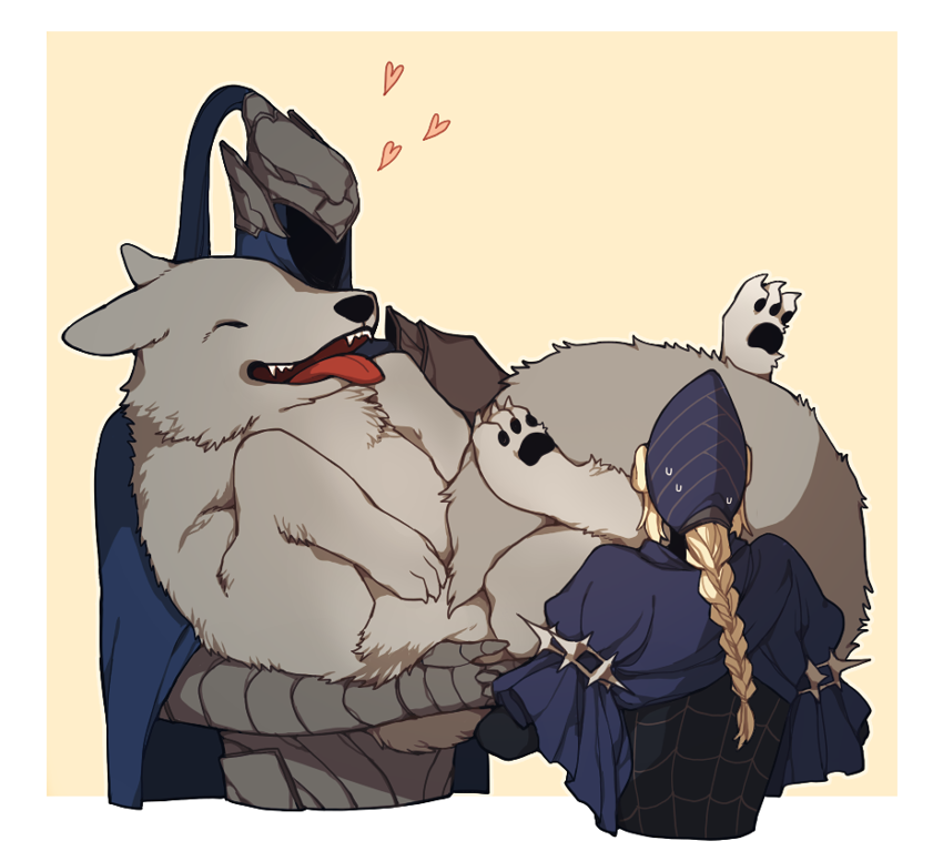 1boy 1girl animal armor artorias_the_abysswalker blonde_hair braid dark_souls_(series) dark_souls_i donar0217 full_armor great_grey_wolf_sif grey_wolf helmet holding holding_animal knight lord's_blade_ciaran third-party_source