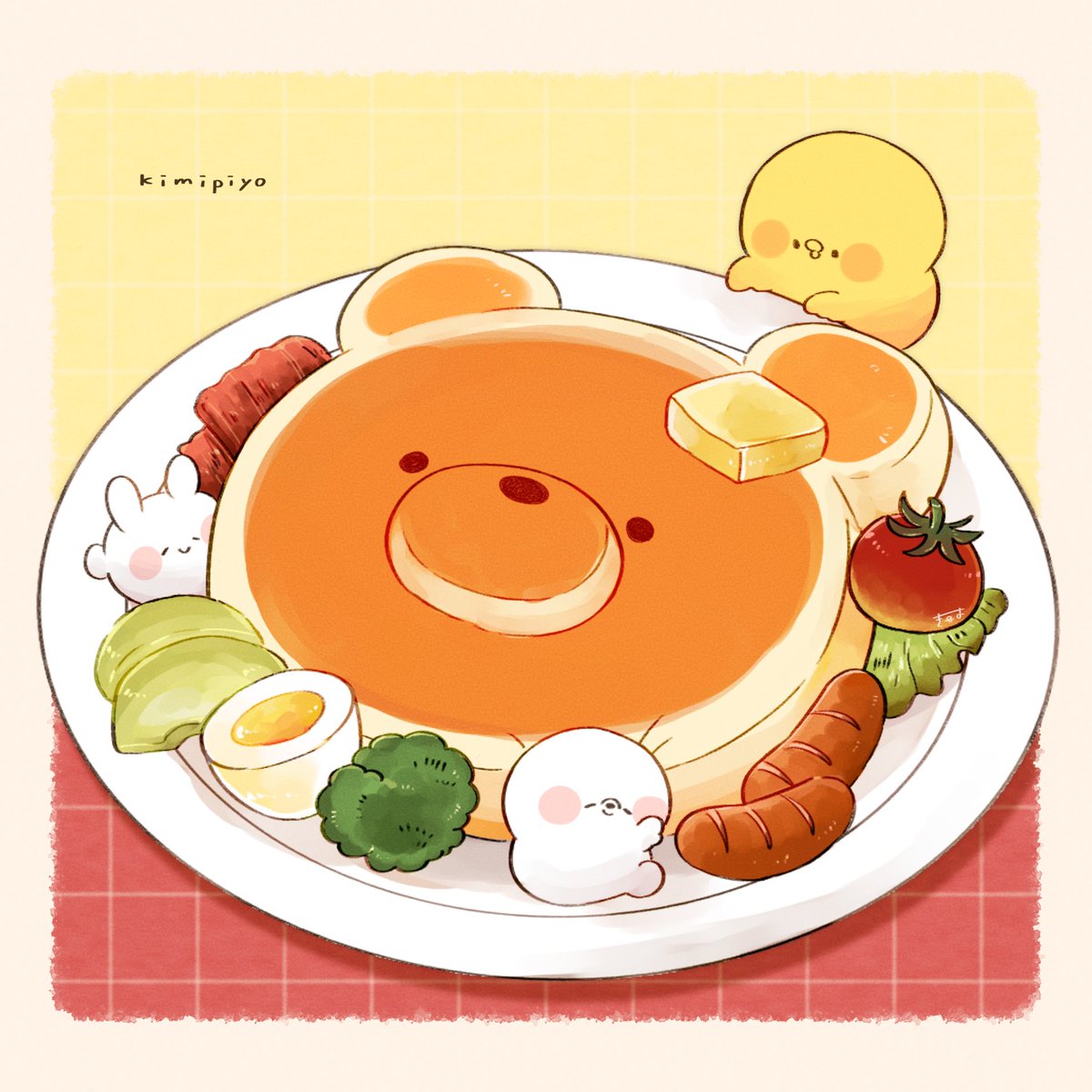 3others animal-shaped_food bacon bear bird blush_stickers butter character_name cherry_tomato chick chicken closed_eyes commentary creature daifuku_(tenmiyakiyo) egg_(food) english_text food food_art food_focus hardboiled_egg highres kimipiyo_(tenmiyakiyo) lettuce looking_away looking_down multiple_others original oversized_food pancake plate rabbit sausage smile symbol-only_commentary tenmiyakiyo tomato usachii_(tenmiyakiyo)