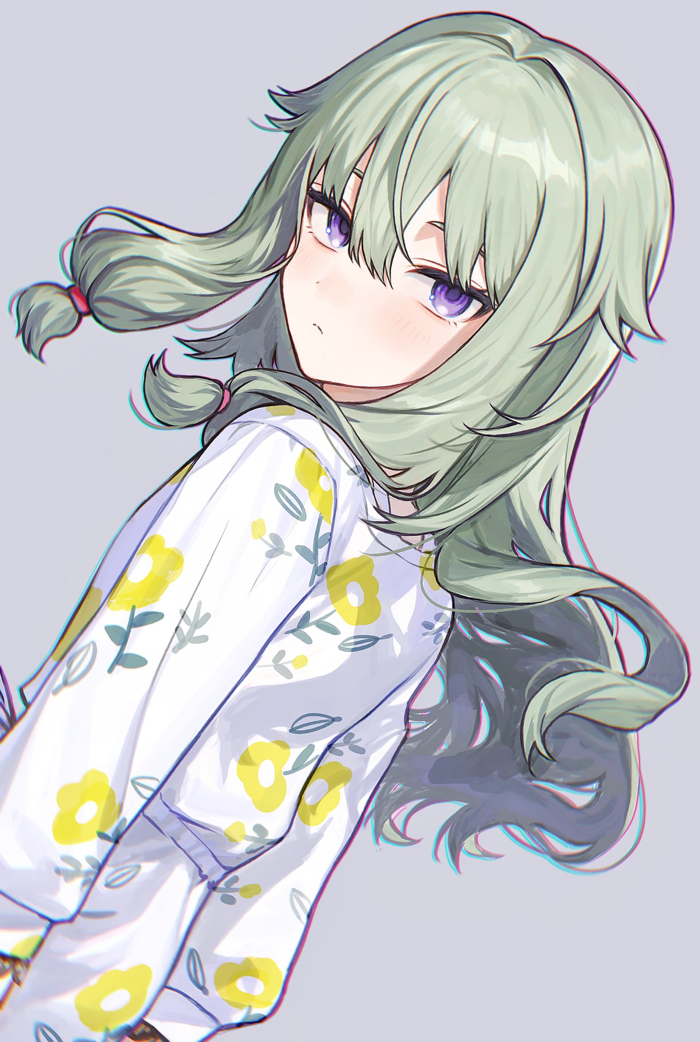 1girl bangs closed_mouth commentary_request dress dutch_angle floating_hair floral_print fujishiro74 green_hair hair_flaps hair_tie highres kusanagi_nene light_blush long_hair long_sleeves looking_at_viewer low-tied_long_hair print_dress project_sekai sidelocks solo upper_body violet_eyes white_dress