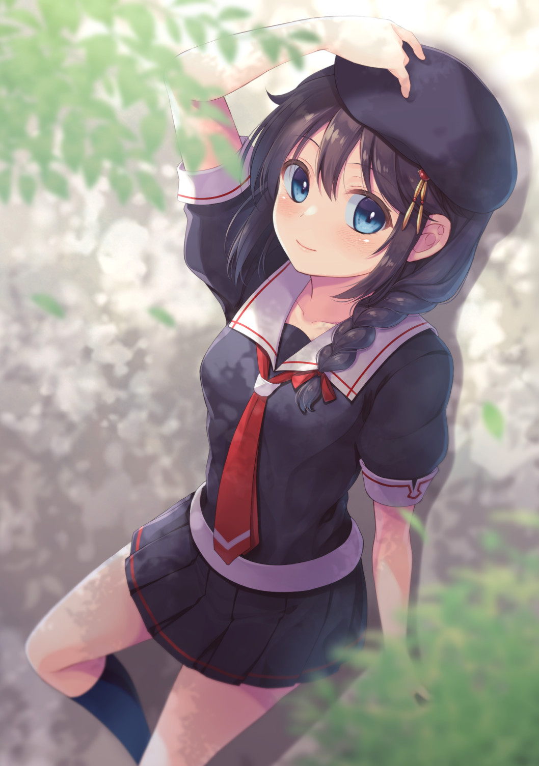 1girl ahoge ameya_kirika beret black_hair black_headwear black_serafuku black_skirt blue_eyes braid commentary_request hair_ornament hair_over_shoulder hat highres kantai_collection looking_at_viewer neckerchief pleated_skirt red_neckerchief sailor_collar school_uniform serafuku shigure_(kancolle) shigure_kai_ni_(kancolle) single_braid skirt smile solo white_sailor_collar