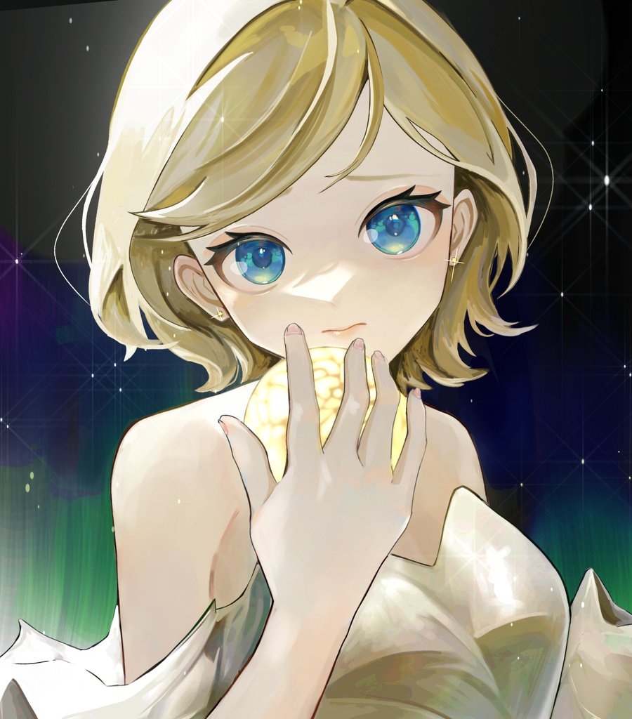 1girl aurora bangs bare_shoulders black_sky blonde_hair blue_eyes commentary dress earrings hair_down history holding jewelry kagamine_rin long_eyelashes looking_at_viewer pale_skin short_hair sky solo star_(sky) starry_sky strapless strapless_dress swept_bangs vocaloid white_dress yori_(user_yvfv5333)