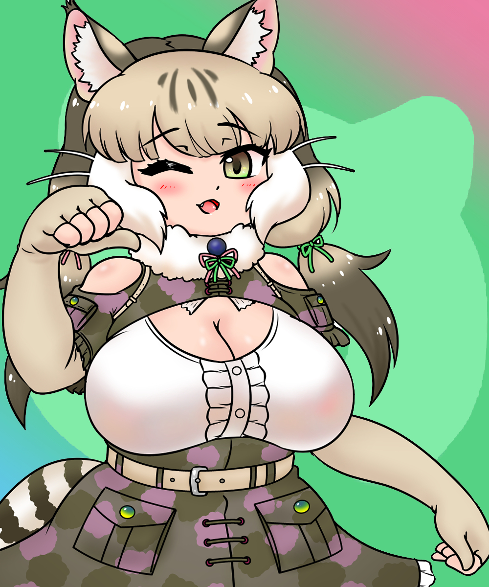 1girl animal_costume animal_ear_fluff animal_ears bare_shoulders belt cat_costume cat_ears cat_girl cat_tail edamamezooooo elbow_gloves fingerless_gloves gloves green_eyes grey_hair highres jungle_cat_(kemono_friends) kemono_friends kemono_friends_v_project long_hair looking_at_viewer microphone multicolored_hair one_eye_closed open_mouth scarf shirt simple_background skirt smile solo tail twintails virtual_youtuber white_hair