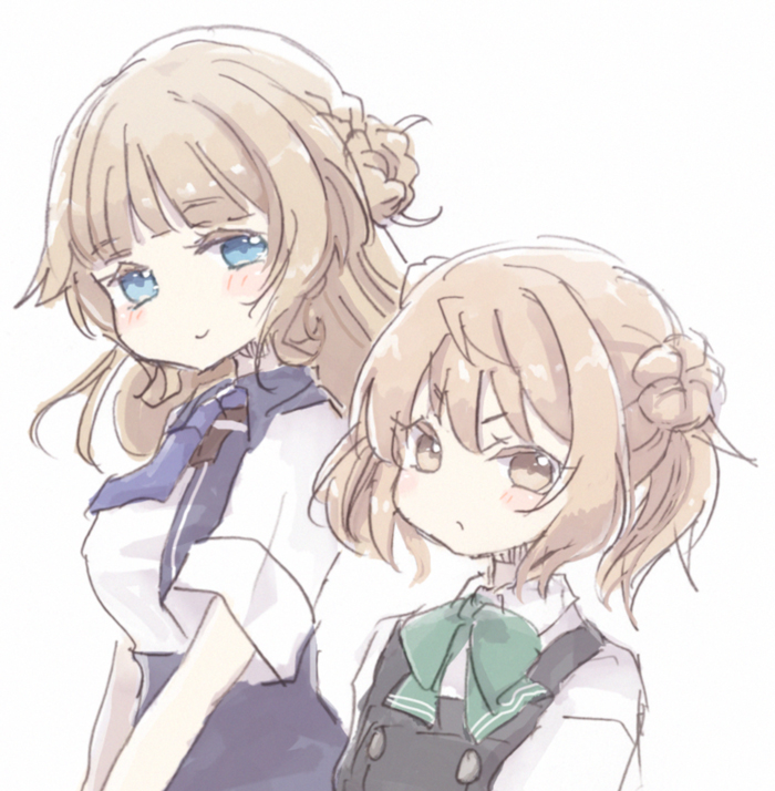 2girls blue_eyes blue_necktie blue_skirt braid breasts brown_hair color_connection commentary_request double_bun dress hair_bun hair_color_connection hairstyle_connection kantai_collection light_brown_hair long_hair medium_breasts michishio_(kancolle) michishio_kai_ni_(kancolle) miko_(35nikomi) multiple_girls necktie pinafore_dress ranger_(kancolle) shirt short_twintails side_braids simple_background single_side_bun skirt twintails two-tone_dress white_background white_shirt