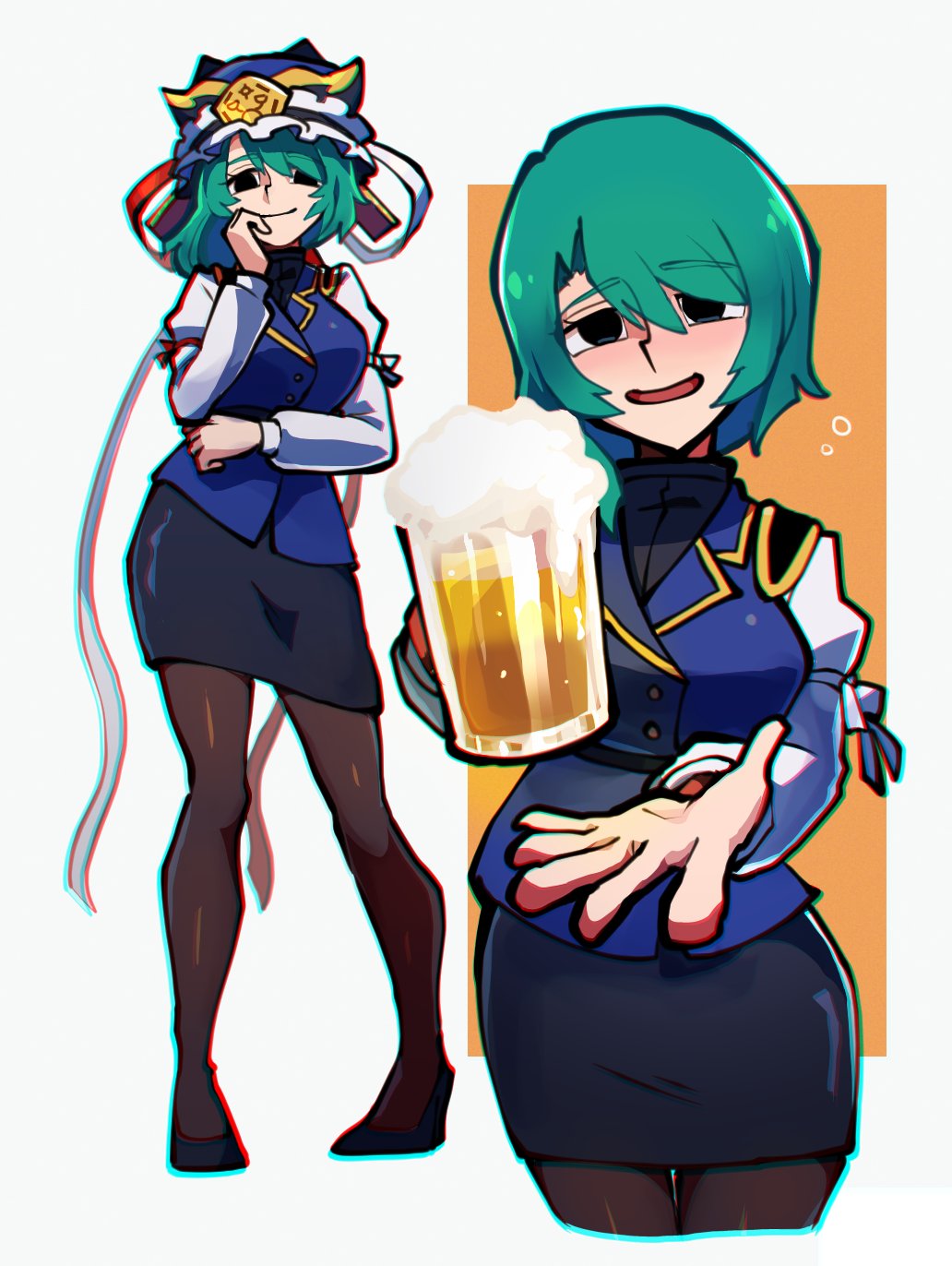 1girl alcohol arm_under_breasts beer_mug black_eyes black_pantyhose black_skirt blue_vest breasts closed_mouth commentary_request cup drunk epaulettes frilled_hat frills green_hair hat highres iganashi1 juliet_sleeves long_sleeves medium_breasts mug multiple_views no_headwear open_mouth outstretched_hand pantyhose pencil_skirt puffy_sleeves shiki_eiki shirt skirt smile touhou vest white_shirt