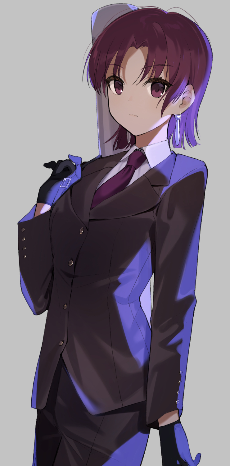 1girl bangs bazett_fraga_mcremitz black_gloves black_pants black_suit buttons closed_mouth commentary_request earrings fate/hollow_ataraxia fate_(series) formal gloves grey_background highres jewelry long_sleeves looking_at_viewer mole mole_under_eye necktie pants parted_bangs purple_hair purple_necktie rizu033 shirt simple_background solo suit violet_eyes white_shirt