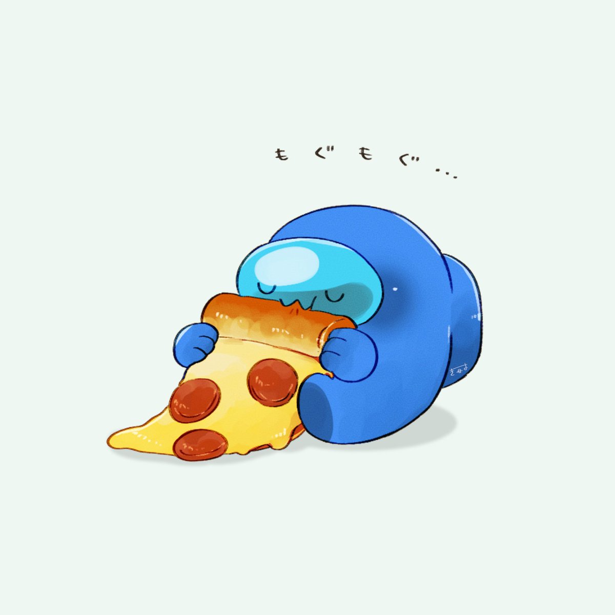 among_us blue_(among_us) chibi closed_eyes closed_mouth commentary eating food full_body highres holding holding_food holding_pizza pizza shadow simple_background sitting spacesuit tenmiyakiyo uwu white_background