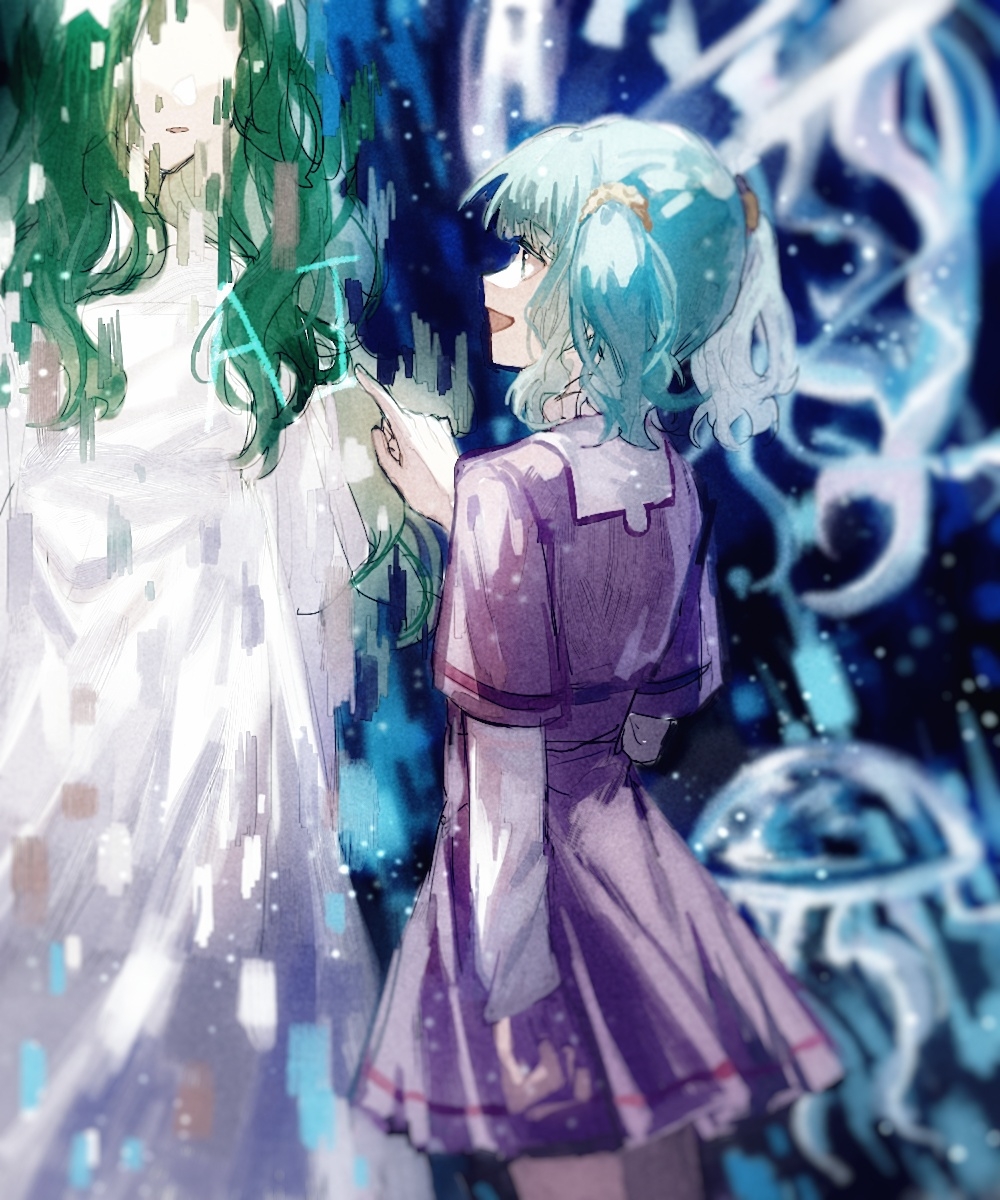 2girls :d ai-chan_(madoka_magica) aqua_hair arm_at_side bangs blue_background cowboy_shot dress from_behind futaba_sana glitch green_eyes green_hair highres icejiangyusky jellyfish layered_sleeves long_hair long_sleeves looking_at_another magia_record:_mahou_shoujo_madoka_magica_gaiden mahou_shoujo_madoka_magica medium_hair miniskirt mizuna_girls'_academy_school_uniform multiple_girls no_eyes open_mouth parted_lips pointing pointing_at_another purple_shirt purple_skirt school_uniform scrunchie shirt short_over_long_sleeves short_sleeves skirt smile twintails wavy_hair white_dress white_shirt yellow_scrunchie
