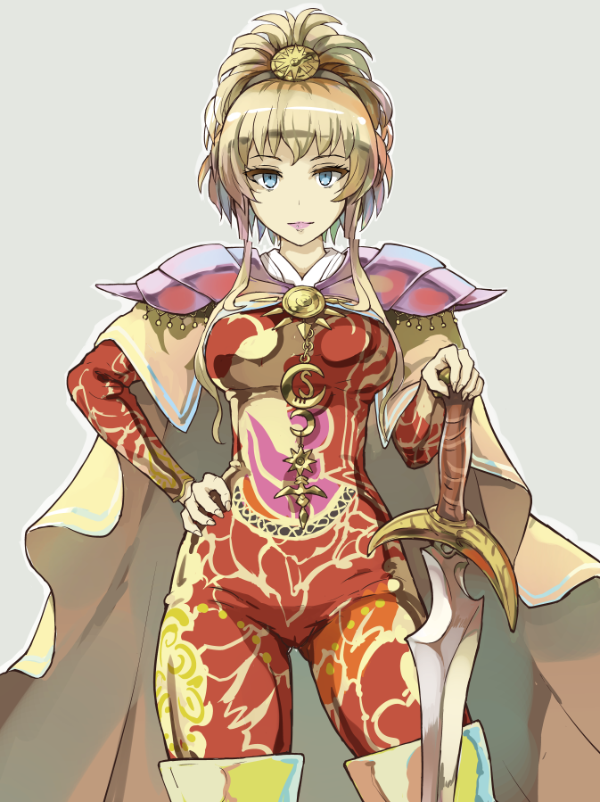1girl blonde_hair bodysuit boots cape greatsword hand_on_hip high_ponytail holding holding_sword holding_weapon messy_hair protagonist_(romancing_saga_2) red_bodysuit romancing_saga_2 saga shoulder_pads skin_tight sword the_final_empress thigh_boots weapon yuugiri_(u-slash)