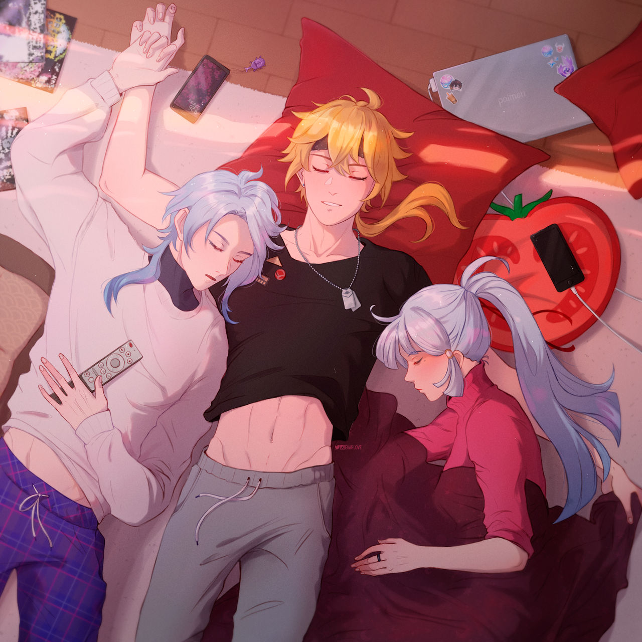 1girl 2boys arm_up bangs black_shirt blanket blonde_hair blue_hair cellphone closed_eyes clothes_lift controller evarlove genshin_impact grey_pants hair_between_eyes hair_ribbon headband highres japanese_clothes jewelry kamisato_ayaka kamisato_ayato long_hair long_sleeves looking_at_viewer midriff mole mole_under_mouth multiple_boys navel necklace notebook open_clothes open_mouth open_shirt pants phone pillow ponytail primogem purple_pants remote_control ribbon shirt shirt_lift side_ponytail smartphone stomach thoma_(genshin_impact) white_shirt zhongli_(genshin_impact)