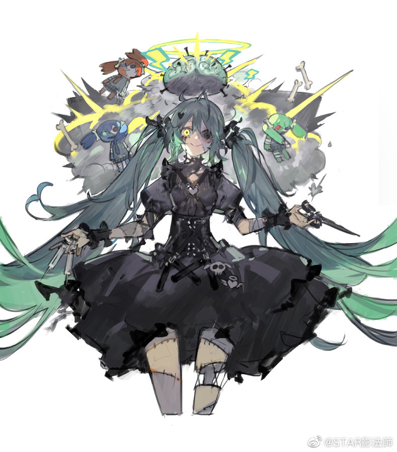 1girl aqua_hair black_dress black_eyes black_tears bone brain character_doll closed_mouth clouds commentary cropped_legs dress gothic_lolita hair_between_eyes hatsune_miku heterochromia holding holding_syringe lightning_bolt_symbol lolita_fashion long_hair puffy_short_sleeves puffy_sleeves short_sleeves simple_background smile solo starshadowmagician stitches syringe twintails very_long_hair vocaloid weibo_username white_background wrist_cuffs yellow_eyes zombie_maker_(vocaloid)