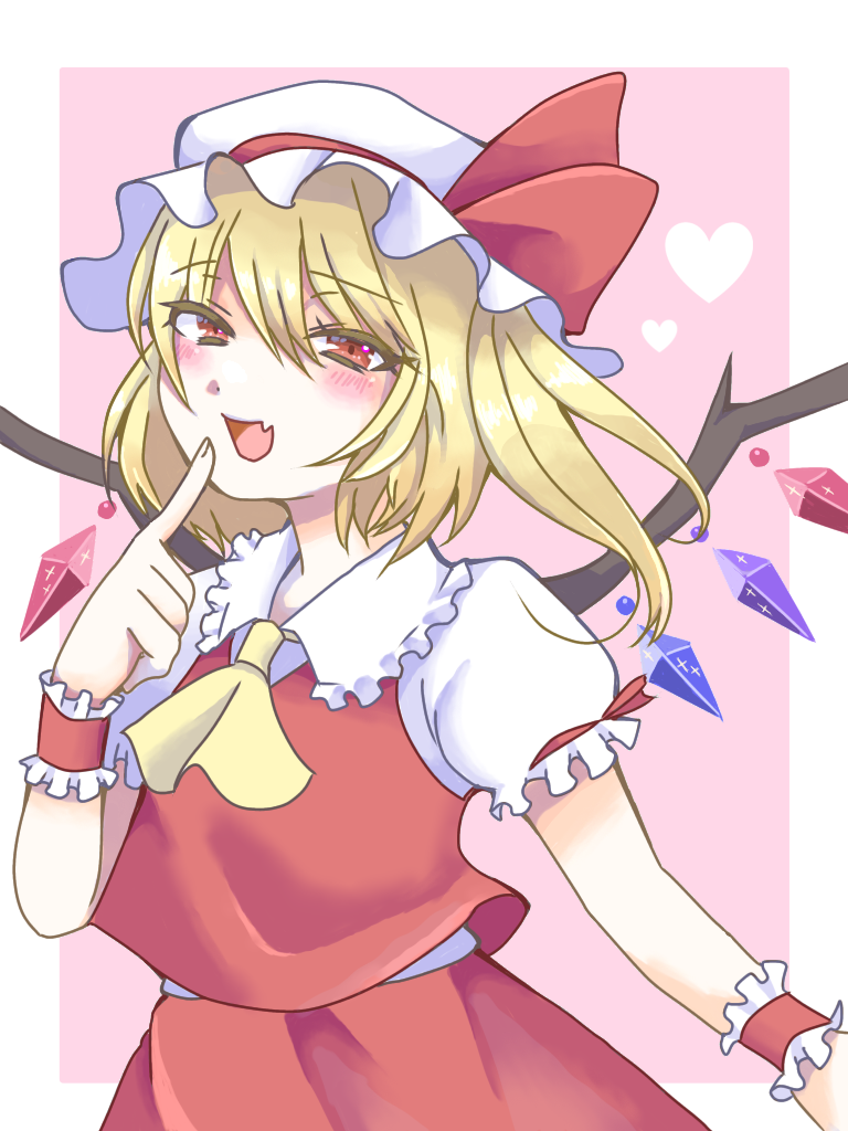 1girl ascot blonde_hair collared_shirt fang finger_to_mouth flandre_scarlet frilled_shirt_collar frilled_sleeves frills hair_between_eyes hat hat_ribbon looking_at_viewer mob_cap multicolored_wings open_mouth puffy_short_sleeves puffy_sleeves red_eyes red_ribbon red_skirt red_vest ribbon shirt short_sleeves side_ponytail skin_fang skirt skirt_set sleeve_ribbon solo touhou vest w0dg white_headwear white_shirt wings wrist_cuffs yellow_ascot