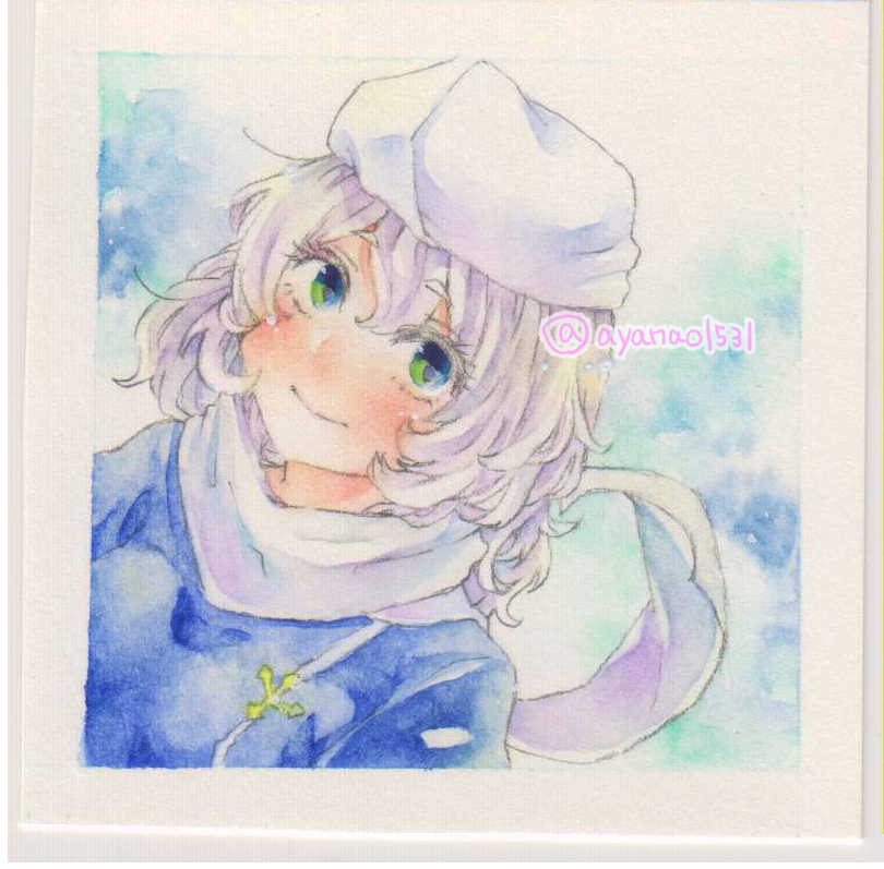 1girl blue_eyes closed_mouth hair_between_eyes lapel_pin letty_whiterock looking_at_viewer medium_hair purple_hair scarf shin1ar24 solo touhou traditional_media upper_body watercolor_pencil_(medium) white_headwear white_scarf