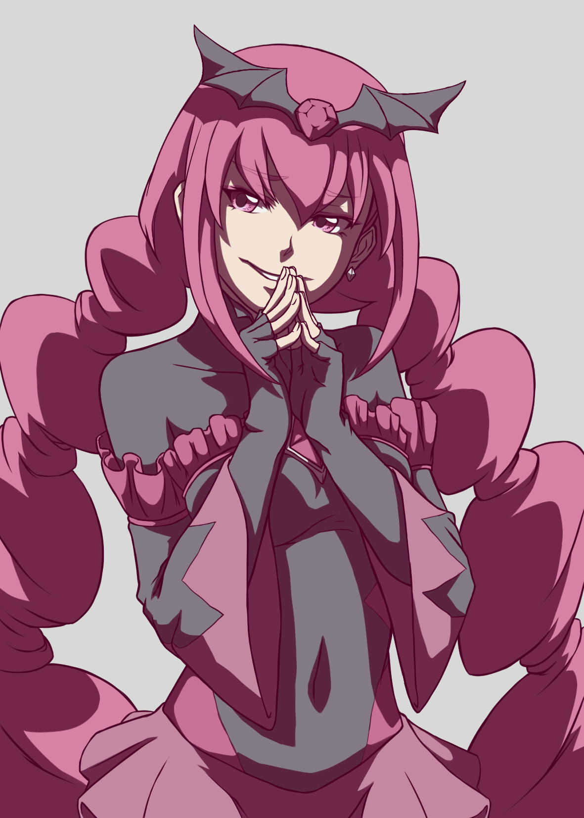 bad_end_happy bad_end_precure black_bodysuit black_headwear bodysuit breasts corruption covering_mouth dark_persona frilled_sleeves frills highres light_smile long_hair makeup own_hands_together pink_eyes pink_hair pink_skirt precure skirt small_breasts smile_precure! twintails very_long_hair zephyranthes54