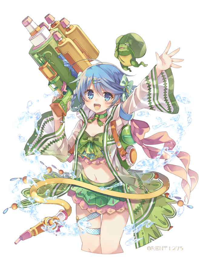 1girl :d ahoge blue_eyes blue_hair blush bow braid choker collarbone frog green_bow green_choker hair_bow holding holding_water_gun miniskirt navel rento_(rukeai) shironeko_project simple_background skirt smile solo swimsuit thigh_strap tsuyuha_(shironeko_project) twitter_username water water_gun white_background