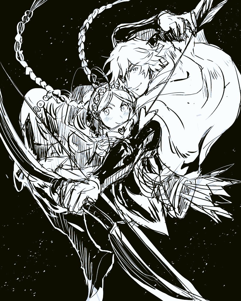 1boy 1girl ahoge arrow_(projectile) bangs bow_(weapon) buttons eyepatch father_and_daughter fire_emblem fire_emblem_fates greyscale hairband holding holding_arrow holding_bow_(weapon) holding_weapon long_hair low_twintails monochrome niles_(fire_emblem) nina_(fire_emblem) parted_bangs sabacastle sketch twintails weapon