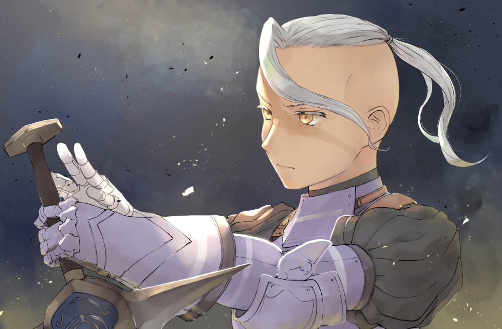 1boy armor brown_eyes burisuke cross_ward gauntlets grey_hair holding holding_sword holding_weapon male_focus outdoors puffy_sleeves radiata_stories solo sword upper_body weapon