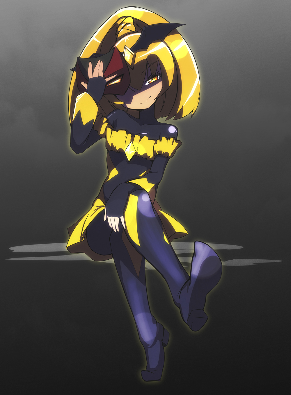 1girl bad_end_peace bad_end_precure black_bodysuit black_headwear blonde_hair bodysuit breasts corruption crossed_legs dark_persona frilled_sleeves frills hand_on_legs highres looking_at_viewer mask ponytail precure sitting skirt small_breasts smile smile_precure! yamako_(yamak0) yellow_eyes yellow_skirt