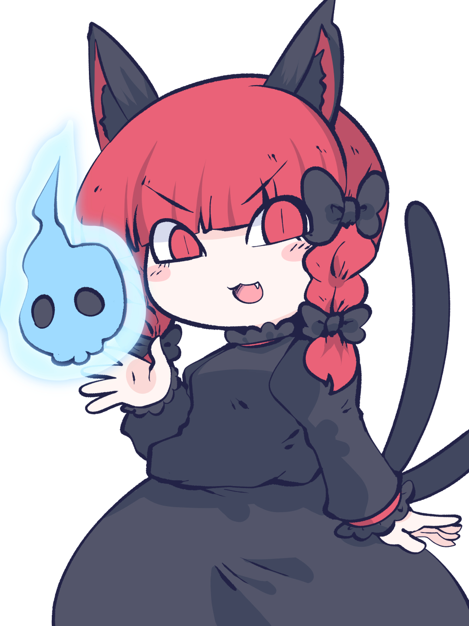 1girl :3 :d animal_ears bangs black_bow blunt_bangs bow braid cat_ears cat_tail dress fried_rice0614 hair_bow highres hitodama kaenbyou_rin long_sleeves multiple_tails red_eyes redhead slit_pupils smile solo tail touhou two_tails v-shaped_eyebrows