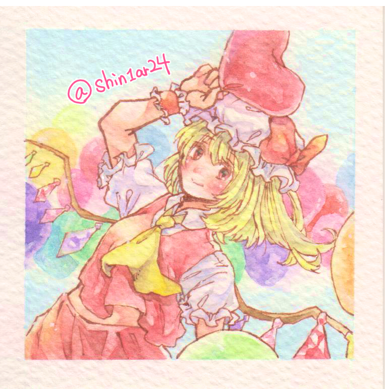 1girl arm_up ascot balloon blonde_hair closed_mouth collared_shirt flandre_scarlet frilled_sleeves frills hat heart_balloon holding holding_balloon leaning_back looking_at_viewer medium_hair mob_cap multicolored_wings puffy_short_sleeves puffy_sleeves red_eyes red_skirt red_vest shin1ar24 shirt short_sleeves skirt skirt_set solo touhou traditional_media vest watercolor_pencil_(medium) white_headwear white_shirt wings wrist_cuffs yellow_ascot