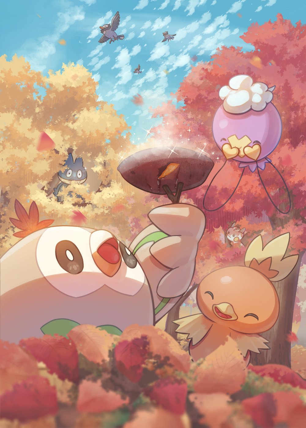 autumn_leaves bird bright_pupils brown_eyes clouds commentary_request day drifloon highres holding mokukitusui munchlax no_humans open_mouth outdoors pachirisu pokemon pokemon_(creature) rowlet sky sparkle starly steam tongue torchic tree white_pupils