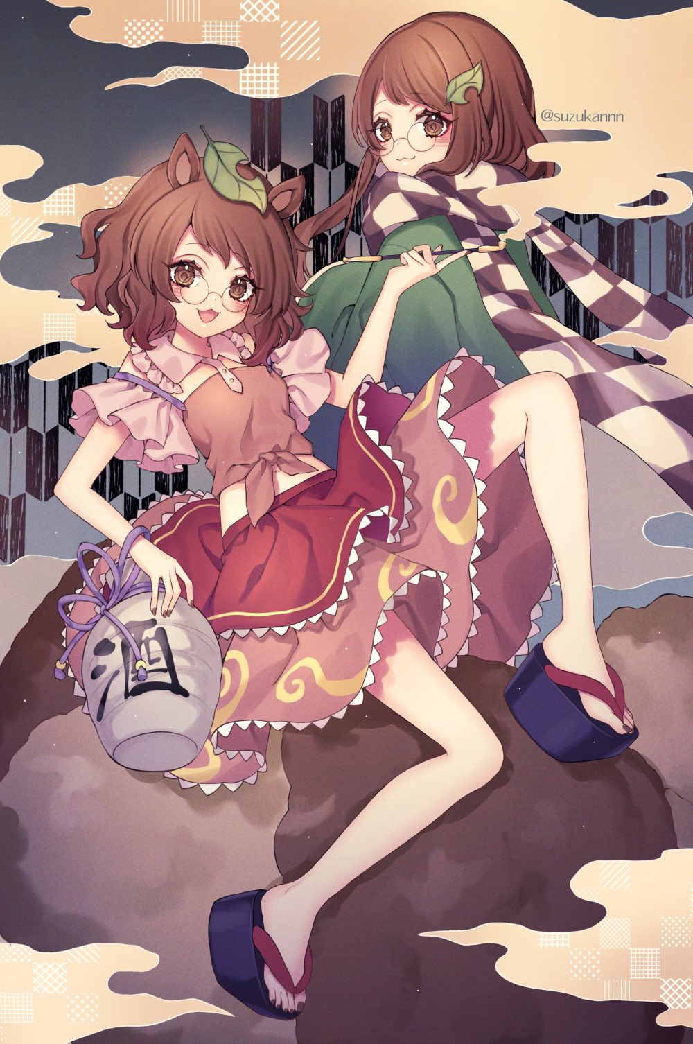 2girls :3 :d animal_ears bangs black_scarf brown_eyes brown_hair brown_shirt brown_skirt checkered_clothes checkered_scarf closed_mouth collared_shirt commentary_request full_body futatsuiwa_mamizou futatsuiwa_mamizou_(human) glasses gourd green_kimono hair_ornament highres japanese_clothes kimono knee_up kyouda_suzuka leaf leaf_hair_ornament leaf_on_head looking_at_viewer medium_hair multiple_girls multiple_views nail_polish okobo open_mouth pince-nez raccoon_ears raccoon_girl red_nails round_eyewear scarf shirt short_sleeves sitting skirt smile touhou twitter_username two-tone_scarf white_scarf