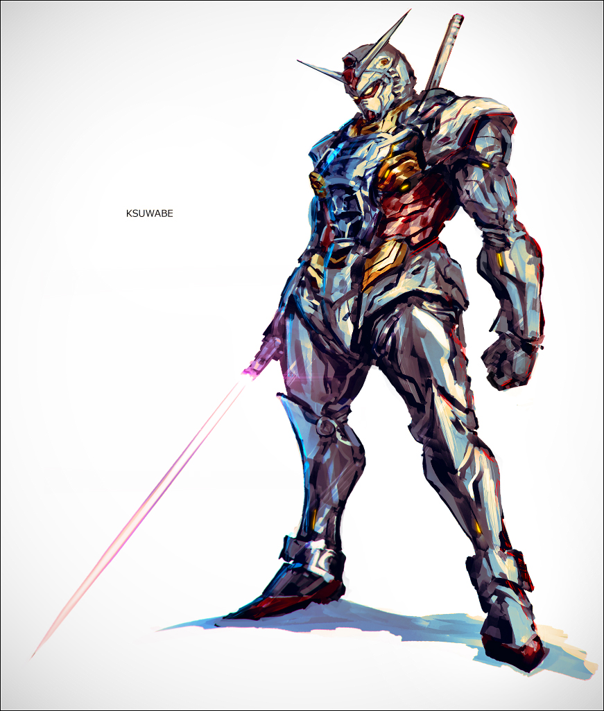 1boy artist_name beam_saber clenched_hand commentary_request gundam helmet holding holding_sword holding_weapon humanization k-suwabe male_focus mobile_suit_gundam power_armor rx-78-2 science_fiction shadow solo sword v-fin weapon white_background yellow_eyes