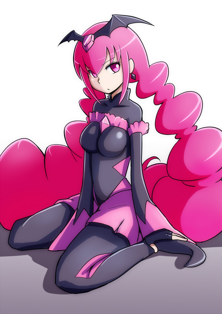 1girl bad_end_happy bad_end_precure bakusai black_bodysuit black_headwear bodysuit breasts corruption dark_persona expressionless frilled_sleeves frills full_body hand_on_own_foot long_hair looking_at_viewer medium_breasts pink_eyes pink_hair pink_skirt precure sitting skirt smile_precure! twintails