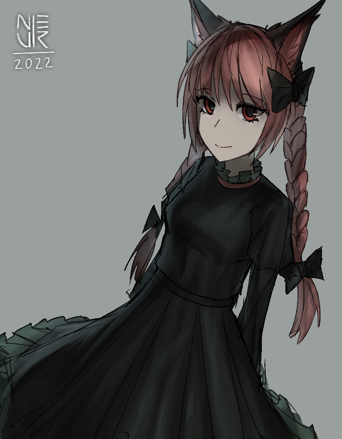 1girl 2022 animal_ears arms_behind_back black_bow bow braid cat_ears dress grey_background hair_bow kaenbyou_rin light_smile long_hair long_sleeves neur_(sppw2384) red_eyes redhead simple_background solo touhou twin_braids