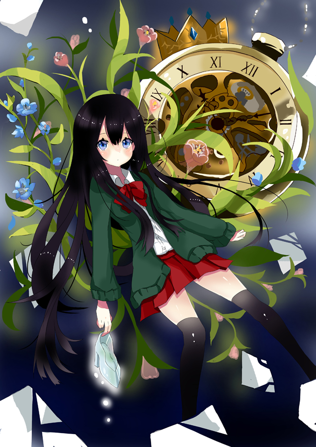 1girl bangs black_hair blue_eyes blush bow bowtie cardigan cinderella collared_shirt crown expressionless flower glass_shards glass_slipper high_heels holding holding_shoes long_hair long_sleeves neku_(sky_hologram) original plant pleated_skirt pocket_watch shirt shoes shoes_removed skirt solo thigh-highs very_long_hair watch