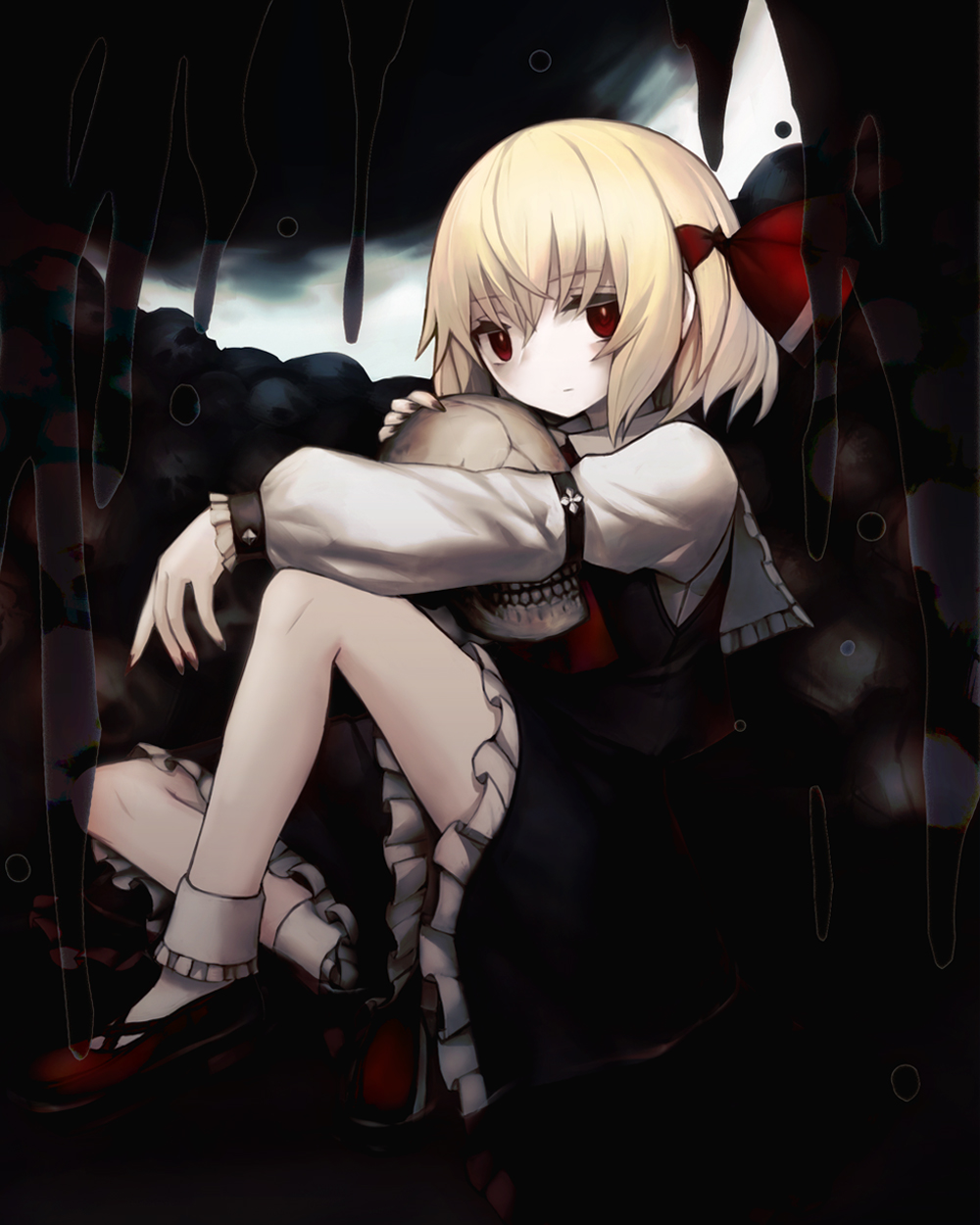 1girl arm_on_knee arm_strap bangs black_skirt blonde_hair bobby_socks closed_mouth commentary_request darkness expressionless frilled_skirt frilled_sleeves frills full_body hair_ribbon highres holding holding_skull knee_up long_sleeves looking_at_viewer medium_hair pile_of_skulls red_eyes red_footwear red_ribbon ribbon rumia shirt shoes sitting skirt skull socks solo spark621 touhou white_shirt white_socks