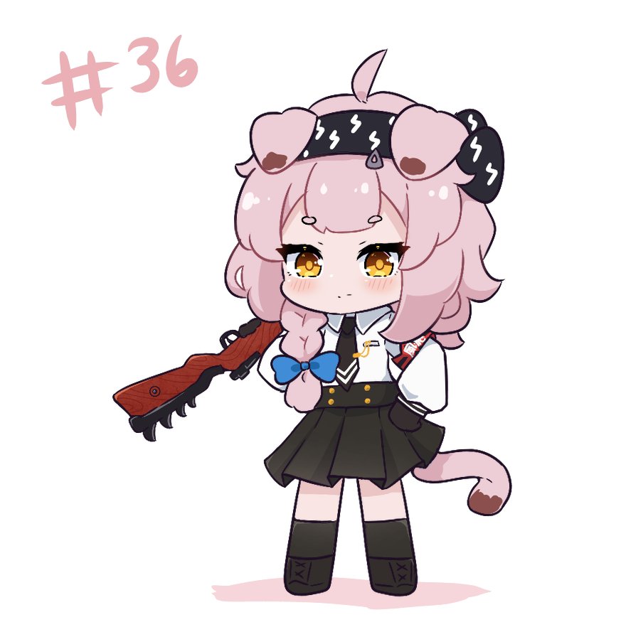1girl ahoge animal_ears arknights armband black_gloves black_hairband black_necktie black_skirt blue_archive blue_bow blush bolt_action bow braid cat_ears cat_girl cat_tail closed_mouth collared_shirt colored_shadow commentary cosplay english_commentary gloves goldenglow_(arknights) gun hair_bow hair_over_shoulder hairband holding holding_gun holding_weapon iori_(blue_archive) iori_(blue_archive)_(cosplay) kurotofu lightning_bolt_print long_hair long_sleeves mauser_98 necktie pink_hair pleated_skirt print_hairband puffy_long_sleeves puffy_sleeves rifle sakura_ayane shadow shirt short_eyebrows simple_background single_braid skirt solo tail thick_eyebrows voice_actor_connection weapon white_background white_shirt