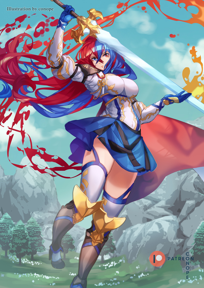 1girl alear_(fire_emblem) alear_(fire_emblem)_(female) armor bangs blue_eyes blue_hair breasts conope crossed_bangs fire fire_emblem fire_emblem_engage heterochromia knee_guards liberation_(fire_emblem) long_hair looking_at_viewer medium_breasts multicolored_hair puffy_sleeves red_eyes redhead skirt solo thigh_strap thighs two-tone_hair very_long_hair