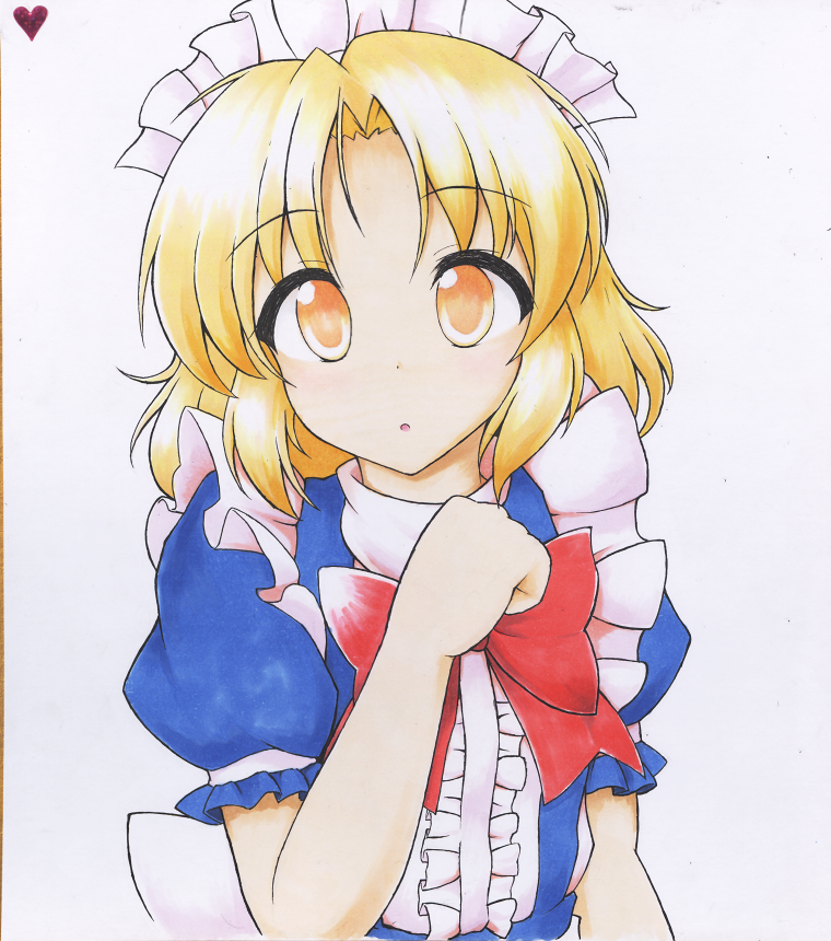 1girl :o aka_tawashi bangs blonde_hair bow breasts center_frills commentary_request frills looking_at_viewer maid maid_headdress medium_hair mugetsu_(touhou) parted_bangs puffy_short_sleeves puffy_sleeves red_bow shikishi short_sleeves simple_background small_breasts solo touhou touhou_(pc-98) traditional_media upper_body white_background yellow_eyes
