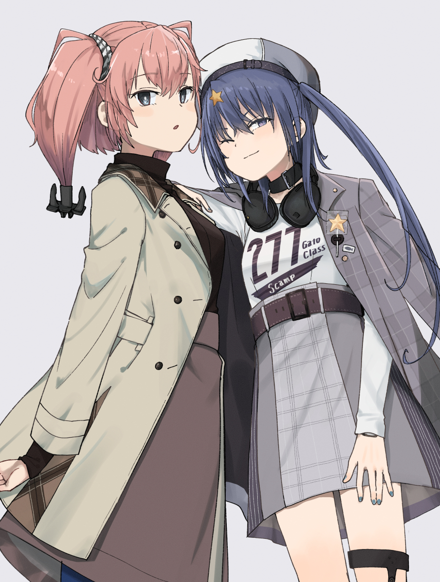 2girls annin_musou atlanta_(kancolle) belt black_hair blush brown_belt brown_hair brown_skirt buttons closed_mouth clothes_writing coat coat_on_shoulders grey_background grey_coat grey_eyes headphones headphones_around_neck highres kantai_collection long_hair long_sleeves multiple_girls one_eye_closed open_clothes open_coat parted_lips scamp_(kancolle) shirt side_ponytail simple_background skirt smile two_side_up white_shirt yellow_coat