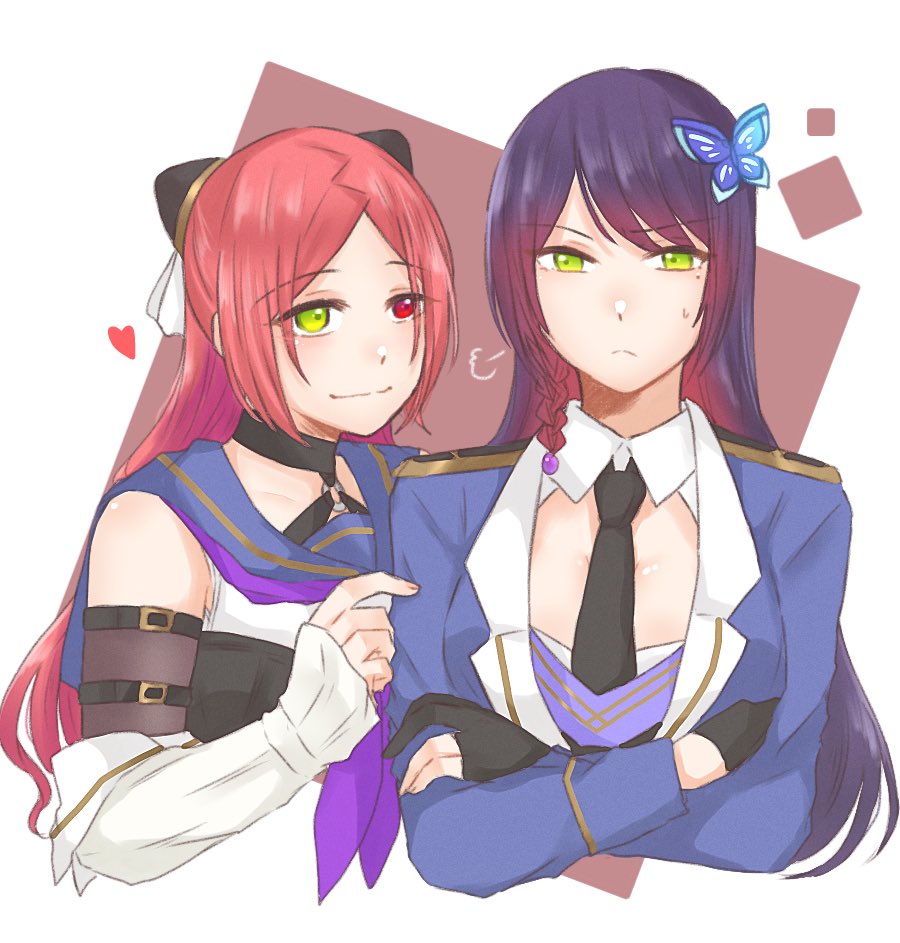 2girls =3 arm_belt arms_under_breasts assault_lily bangs bare_shoulders belt belt_buckle black_belt black_choker black_gloves black_necktie black_shirt blue_jacket blue_sailor_collar braid breasts brown_background buckle butterfly_hair_ornament choker closed_mouth clothes_grab collared_shirt commentary cropped_torso crossed_arms frown funada_kiito gloves green_eyes hair_ornament hairpods hand_up heart heterochromia jacket large_breasts layered_sleeves light_smile long_hair long_sleeves looking_at_another looking_at_viewer mole mole_under_eye multiple_girls neckerchief necktie nigari_(ngari_0115) o-ring o-ring_choker odaiba_girls_high_school_uniform parted_bangs partially_fingerless_gloves purple_hair purple_neckerchief red_eyes redhead sailor_collar school_uniform serafuku shiba_tomoshibi shirt side-by-side side_braid single_braid sleeve_grab sleeveless sleeveless_shirt sleeves_past_wrists sweatdrop swept_bangs two-tone_background two-tone_shirt upper_body white_background white_shirt yuri