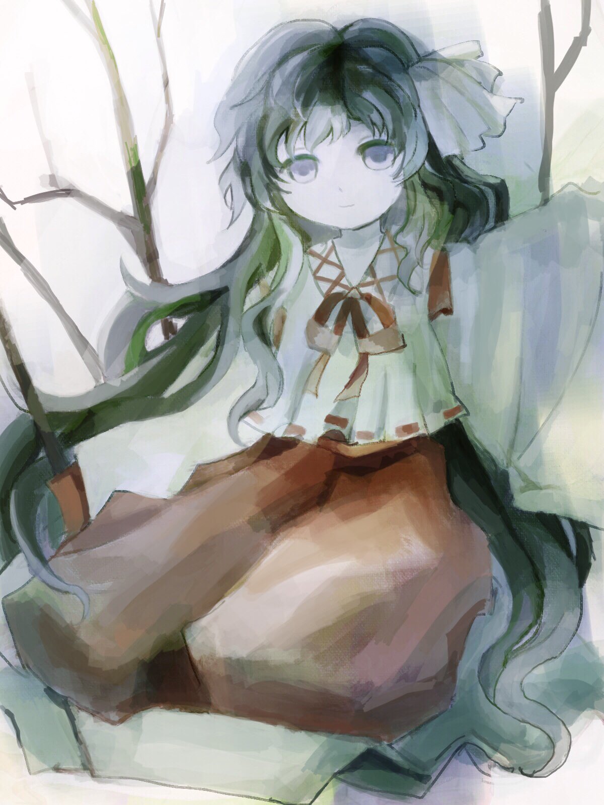 1girl closed_mouth collared_shirt commentary_request girl_who_trained_on_mt._haku_(touhou) green_hair grey_eyes hair_ribbon hakama hakama_pants highres japanese_clothes long_hair long_sleeves miko neck_ribbon pants red_hakama red_ribbon ribbon shirt sitting smile solo t_(lq8dph) touhou white_ribbon white_shirt