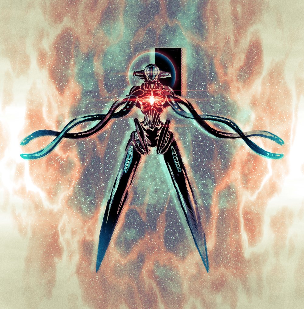 1other alien deoxys deoxys_(normal) full_body glowing glowing_crystal glowing_eyes looking_at_viewer no_humans parody pokemon pokemon_(creature) shinkawa_youji_(style) solo space star_(sky) style_parody tentacles teoft