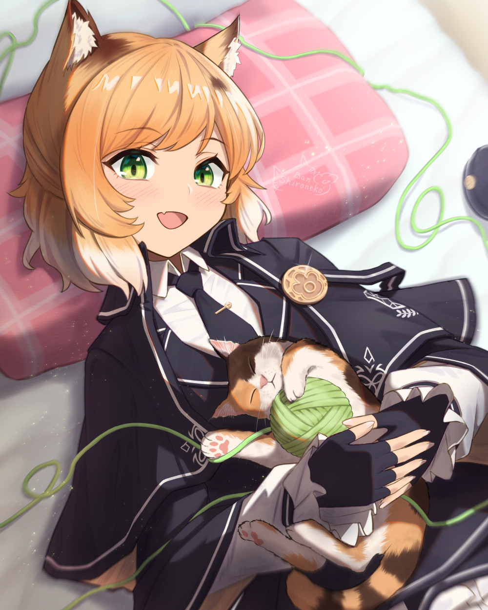 1girl :d animal_ear_fluff animal_ears arknights bangs bed_sheet black_gloves black_necktie blush cat cat_ears fang fingerless_gloves frilled_sleeves frills from_above gloves green_eyes highres long_sleeves looking_at_viewer lying mousse_(arknights) necktie on_back on_bed open_mouth orange_hair pillow school_uniform shironekoban short_hair signature skin_fang smile solo swept_bangs upper_body yarn yarn_ball