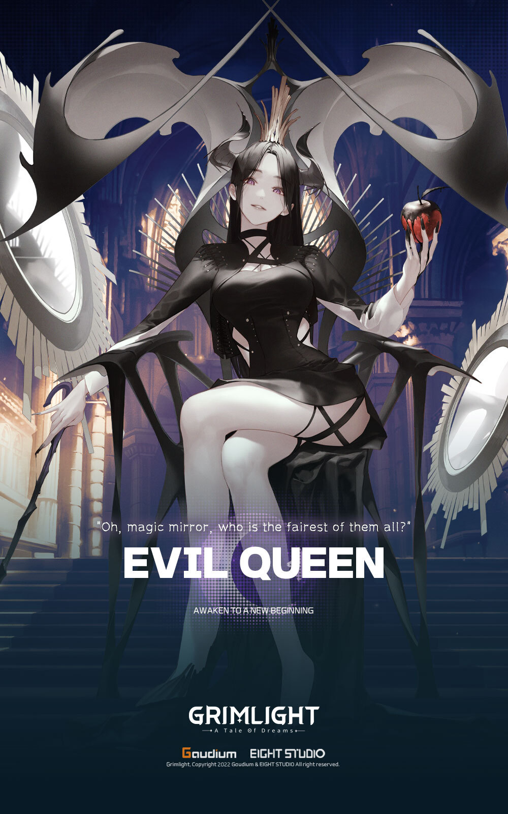 1girl apple black_dress black_hair black_horns crossed_legs crown dress english_commentary evil_queen_(grimlight) fingernails food fruit grimlight highres holding holding_food holding_fruit horns long_fingernails long_hair looking_at_viewer mirror official_art poison_apple sitting solo violet_eyes