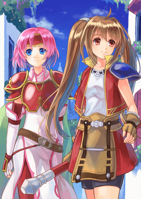 2girls ahoge akuru_(akr369akr) apron armor black_shorts blue_eyes blue_sky breastplate brown_apron brown_gloves brown_hair closed_mouth clouds collarbone collared_dress crossover day detached_sleeves dress eiyuu_densetsu elbow_gloves estelle_bright fingerless_gloves fire_emblem fire_emblem:_path_of_radiance gloves holding holding_staff jacket leather_apron long_hair marcia_(fire_emblem) medium_hair multiple_girls open_clothes open_jacket outdoors pants pink_hair red_eyes red_jacket red_pants red_sleeves shiny shiny_hair shirt short_sleeves shorts shoulder_armor sky smile sora_no_kiseki staff standing twintails very_long_hair white_dress white_gloves white_shirt wing_collar