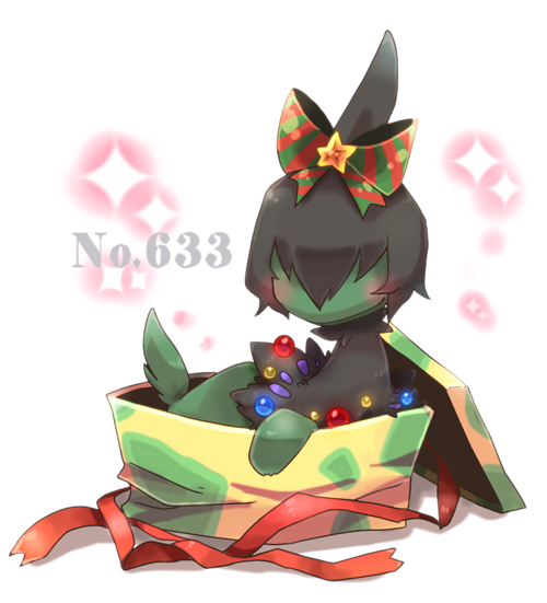 alternate_color animal_focus bangs black_hair blush bow box christmas christmas_lights closed_mouth commentary_request covered_eyes deino_(pokemon) gift gift_box hair_bow hair_over_eyes happy in_container no_humans partial_commentary pokedex_number pokemon pokemon_(creature) red_ribbon ribbon shiny_pokemon shira_(sirairo116) short_hair sidelocks simple_background smile solo sparkle star_(symbol) striped striped_bow white_background