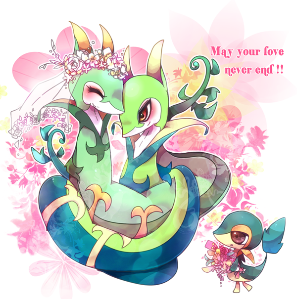 ^_^ animal_focus blush bouquet bridal_veil closed_eyes closed_mouth clothed_pokemon commentary_request couple english_text family flower full_body hair_flower hair_ornament half-closed_eyes happy heads_together holding holding_bouquet looking_at_another no_humans outline pink_flower pokemon pokemon_(creature) red_eyes serperior shira_(sirairo116) sideways_mouth smile snivy split_mouth standing veil white_flower white_outline