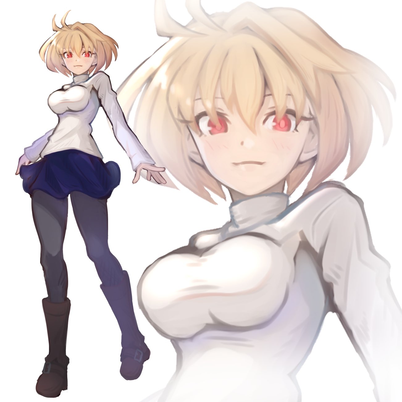 1girl antenna_hair arcueid_brunestud blonde_hair blue_skirt boots breasts full_body highres kore_(kore) large_breasts long_sleeves pantyhose red_eyes shirt short_hair skirt solo tsukihime tsukihime_(remake) vampire white_shirt zoom_layer