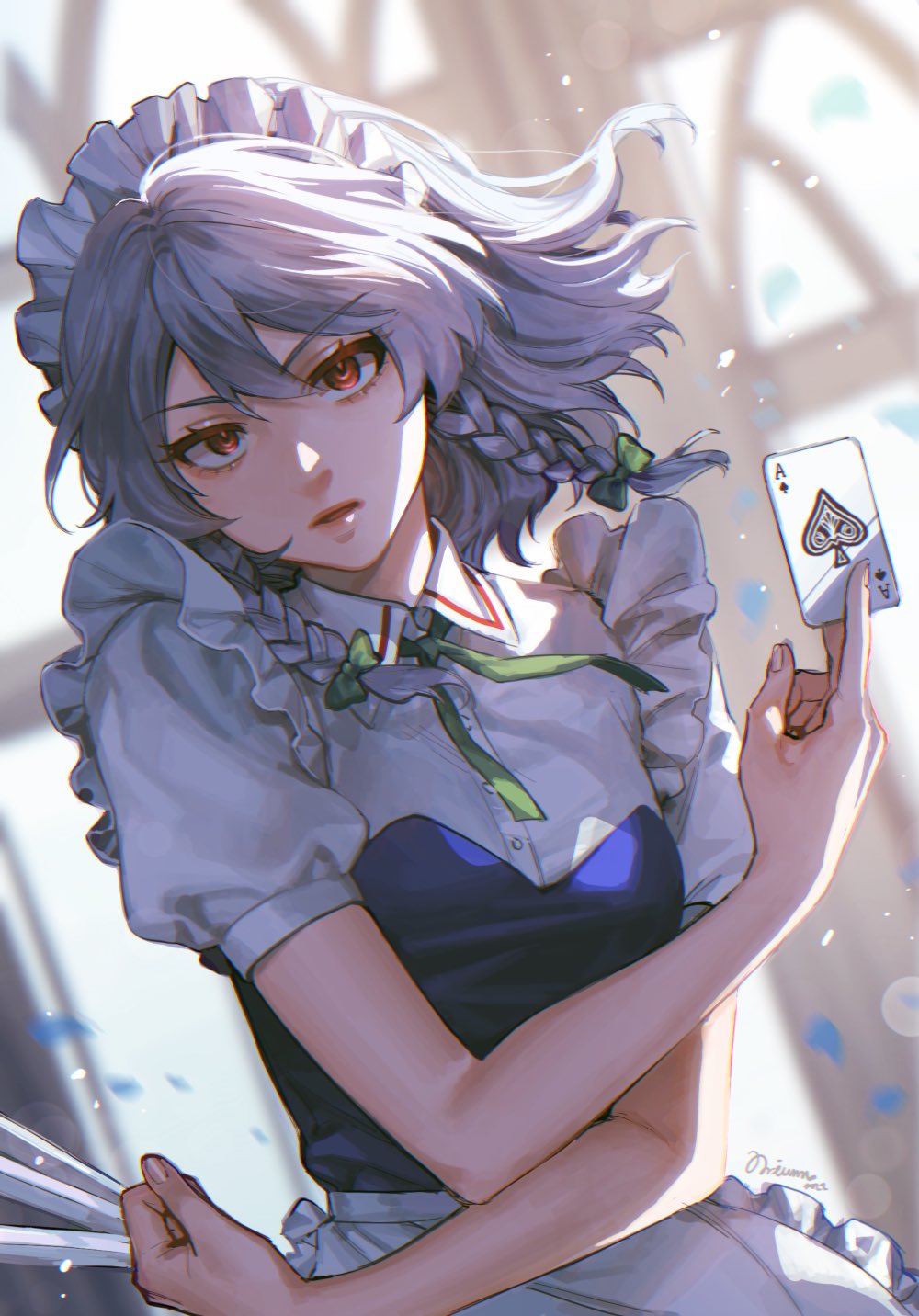 1girl ace_of_spades apron bangs blue_vest bow braid card collared_shirt commentary_request dutch_angle green_bow green_ribbon grey_hair highres holding holding_card holding_knife indoors izayoi_sakuya knife lips looking_at_viewer maid_headdress medium_hair neck_ribbon noriuma open_mouth puffy_short_sleeves puffy_sleeves red_eyes ribbon shirt short_sleeves signature solo spade_(shape) touhou twin_braids upper_body vest white_apron white_shirt window