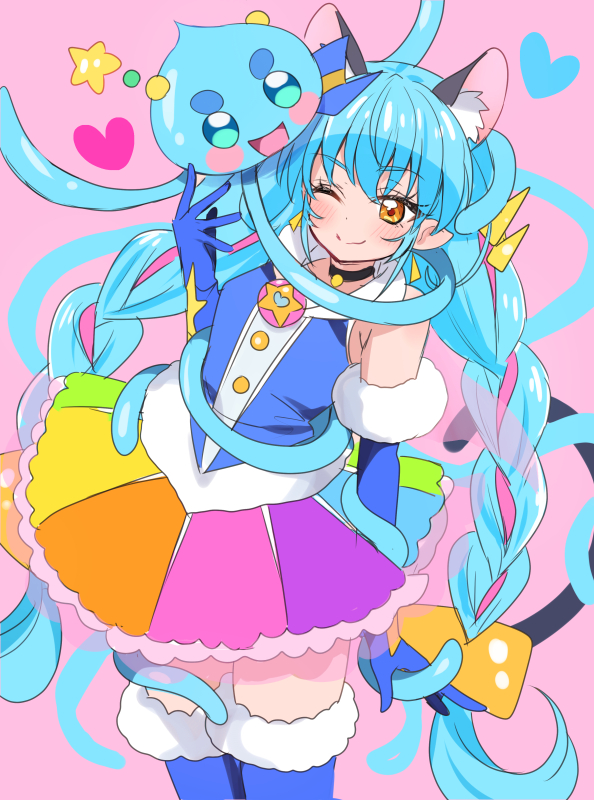 1girl 1other animal_ears blue_footwear blue_gloves blue_hair blue_shirt boots cat_ears cat_girl cat_tail choker cure_cosmo elbow_gloves eru extra_ears fur-trimmed_gloves fur_trim gloves hat long_hair looking_at_another mini_hat multicolored_clothes multicolored_skirt open_mouth orange_eyes precure prunce_(precure) rainbow_skirt shirt skirt sleeveless sleeveless_shirt smile star_color_pen star_twinkle_precure tail tail_ornament tail_ring thigh_boots yuni_(precure)