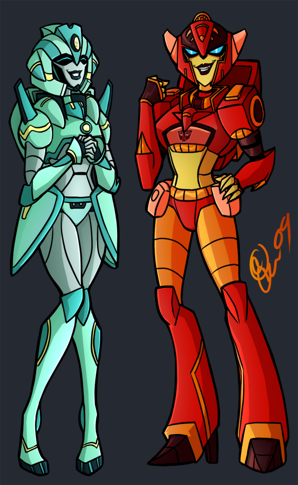 2girls alien bhs-archetyperex blue_eyes breasts curvy firestar_(transformers) green_panties hand_on_hip humanoid_robot medium_breasts moonracer multiple_girls panties red_panties robot simple_background transformers transformers_animated underwear